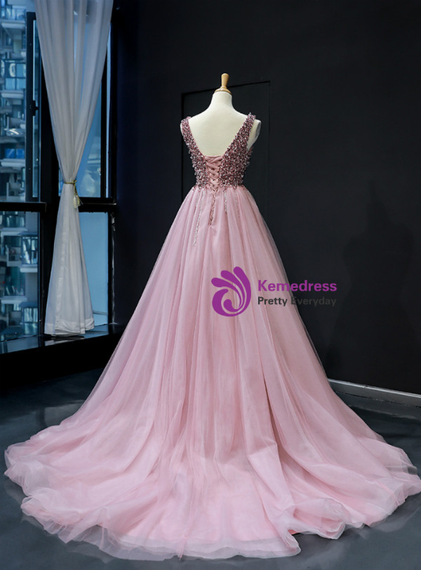 Pink Ball Gown Tulle Deep V-neck Backless Beading Long Prom Dress