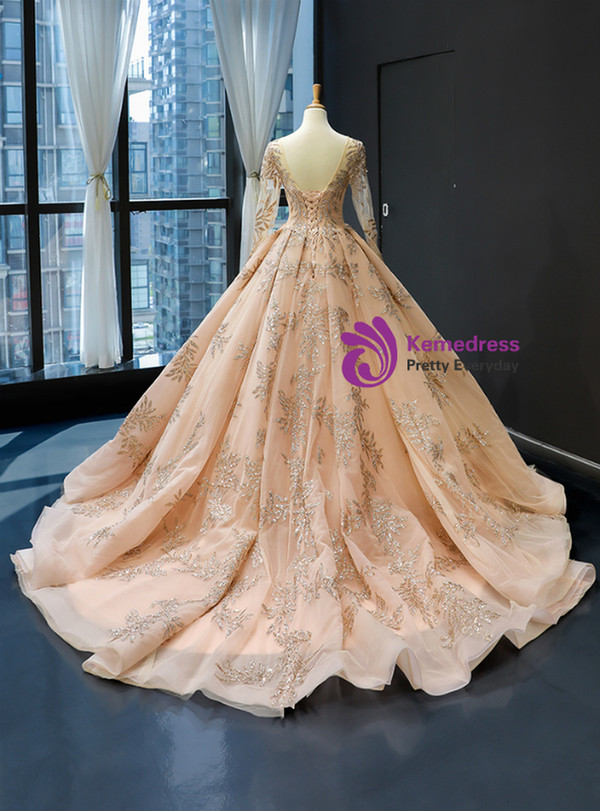 Splendid Champagne Gold Ball Gown Tulle Backless Long Sleeve Quinceanera Dresses