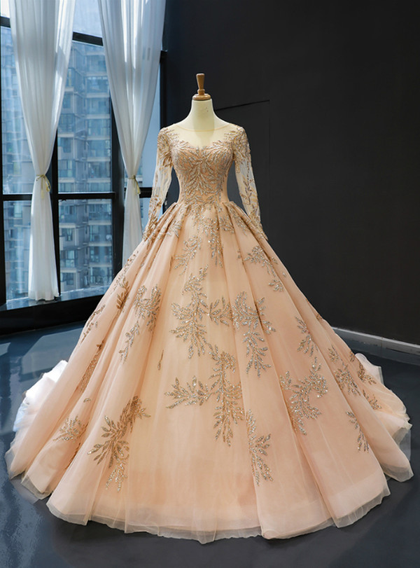 Splendid Champagne Gold Ball Gown Tulle Backless Long Sleeve Quinceanera Dresses