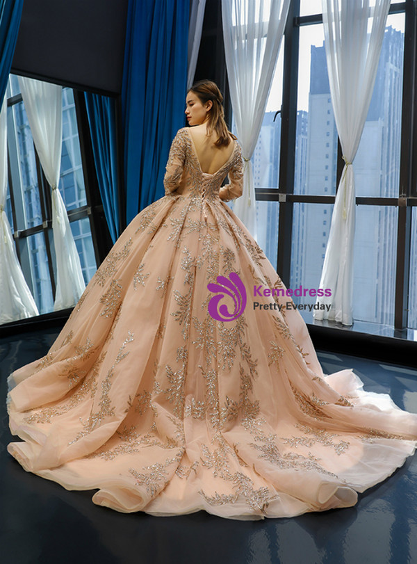 Splendid Champagne Gold Ball Gown Tulle Backless Long Sleeve Quinceanera Dresses