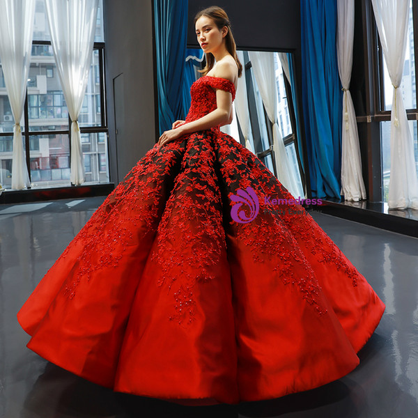 Red Black Ball Gown Satin Appliques Off the Shoulder Floor Length Quinceanera Dresses