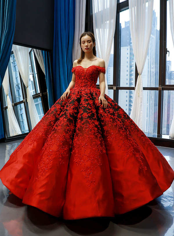 Red Black Ball Gown Satin Appliques Off the Shoulder Floor Length Quinceanera Dresses