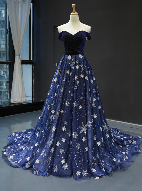 Charming Blue Ball Gown Tulle Star Sequins Off the Shoulder Prom Dress