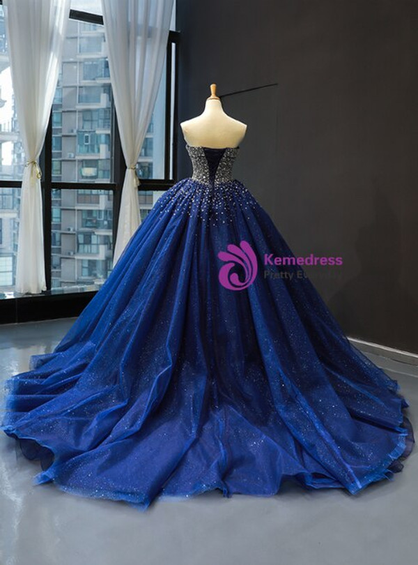 Dark Blue Ball Gown Tulle Sweetheart Beading Sequins Haute Couture Prom Dresses