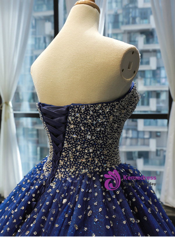Dark Blue Ball Gown Tulle Sweetheart Beading Sequins Haute Couture Prom Dresses