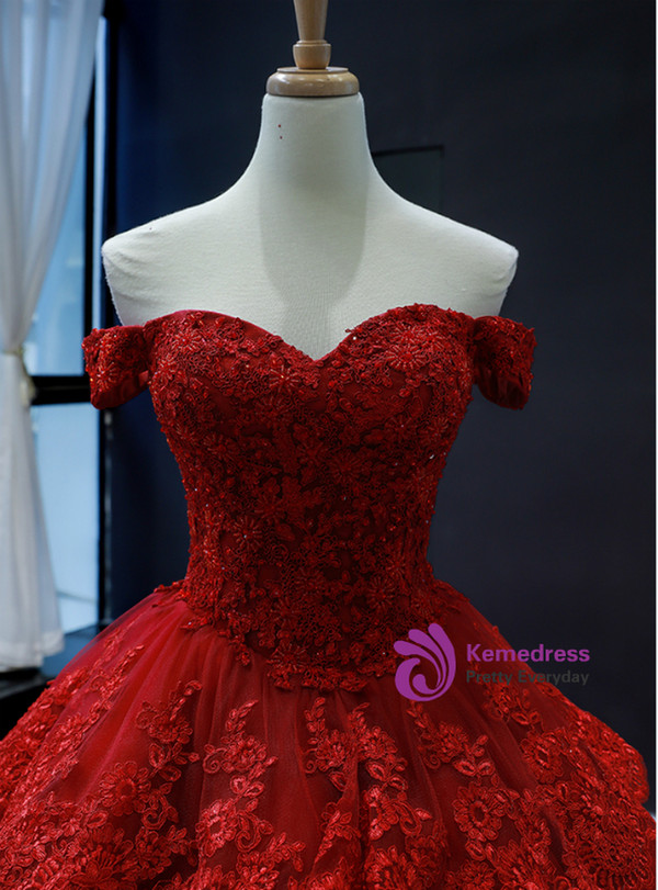 Burgundy Ball Gown Tulle Lace Appliques Off the Shoulder Prom Dress With Beading