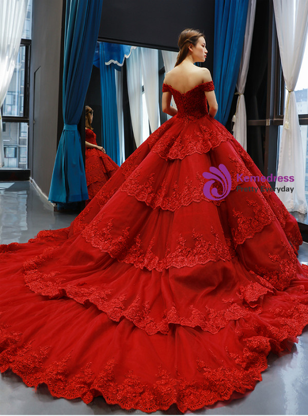 Burgundy Ball Gown Tulle Lace Appliques Off the Shoulder Prom Dress With Beading