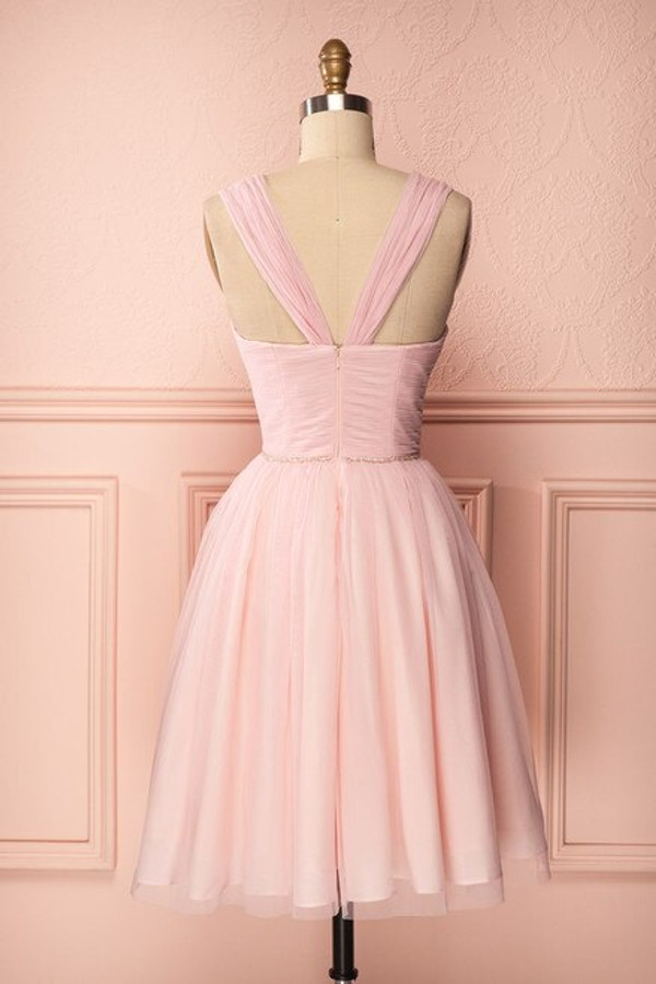 Simple Pink Tulle Straps Pleats Beading Homecoming Dress