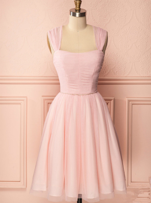 Simple Pink Tulle Straps Pleats Beading Homecoming Dress