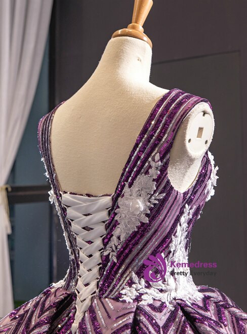 Purple Ball Gown Sequins Backless White Appliques Sleeveless Wedding Dress