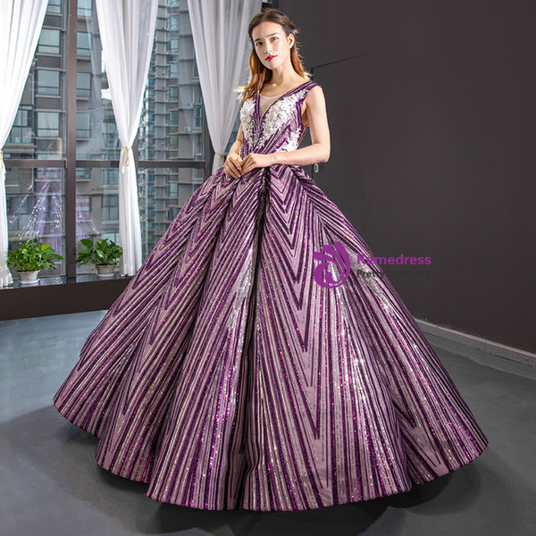 Purple Ball Gown Sequins Backless White Appliques Sleeveless Wedding Dress