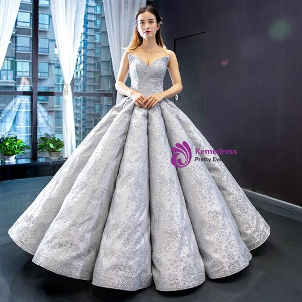 Silver Gray Ball Gown Sequins Sweetheart Luxury Floor Length Prom Dress