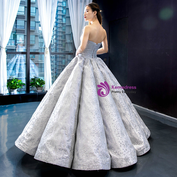 Silver Gray Ball Gown Sequins Sweetheart Luxury Floor Length Prom Dress