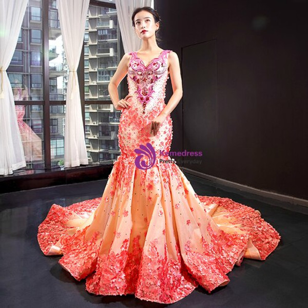 Elegant Yellow Mermaid Satin Orange Flower V-neck Beading Long Prom Dress