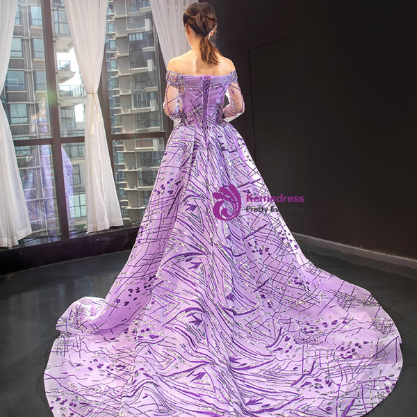 Purple Ball Gown Tulle Sequins Off the Shoulder Long Sleeve Prom Dress