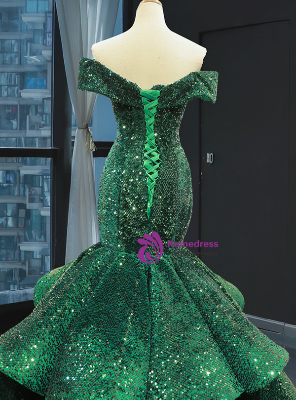 Glamorous Green Mermaid Sequins Off the Shoulder Luxury Prom Dress With Train