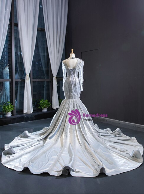 Distinctive Silver Gray Satin Tulle Long Sleeve Backless Long Prom Dress