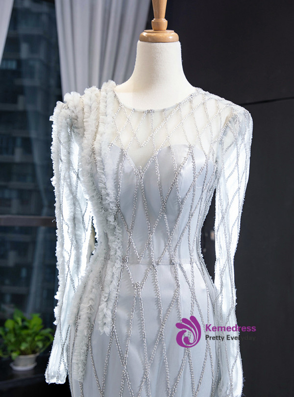 Distinctive Silver Gray Satin Tulle Long Sleeve Backless Long Prom Dress