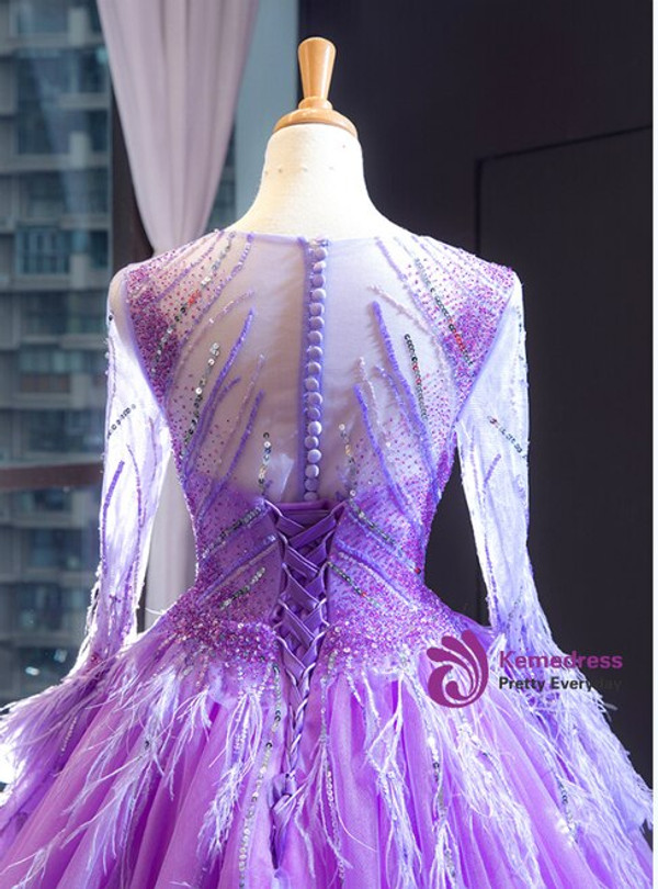 Flattering Purple Tulle Long Sleeve Beading Sequins Luxury Long Prom Dress