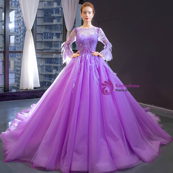Flattering Purple Tulle Long Sleeve Beading Sequins Luxury Long Prom Dress