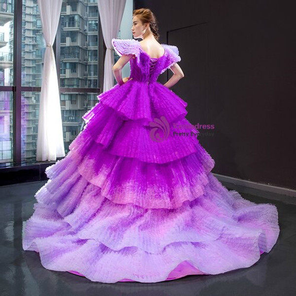 Polished Purple Ball Gown Tulle V-neck Tiers Luxury Prom Dress With Train