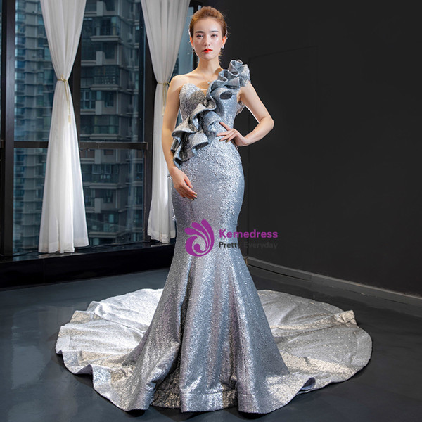 Temperament Silver Gray Mermaid Sequins Sleeveless Ruffles Appliques Long Prom Dress