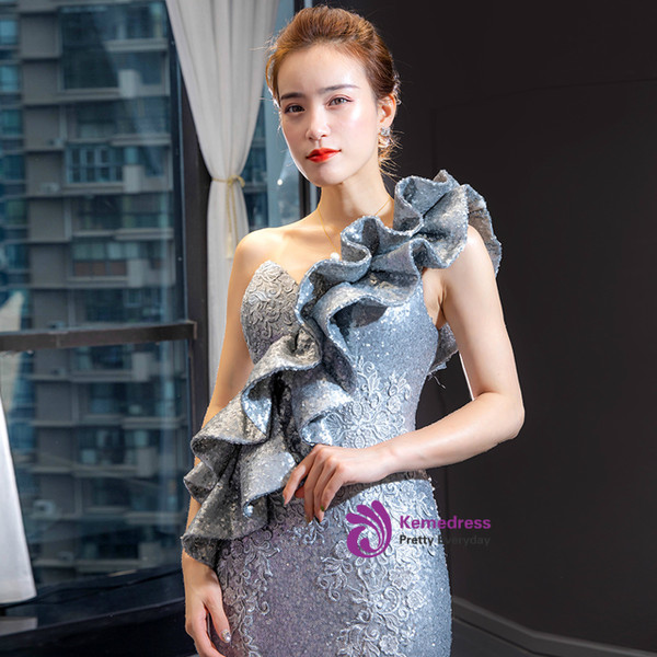 Temperament Silver Gray Mermaid Sequins Sleeveless Ruffles Appliques Long Prom Dress