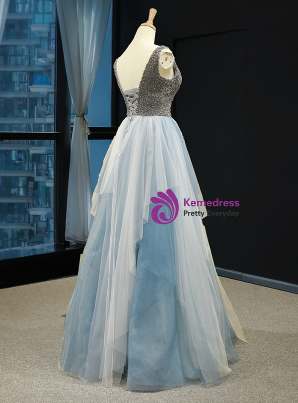 A-Line Gray Blue Tulle V-neck Backless Prom Dress With Beading