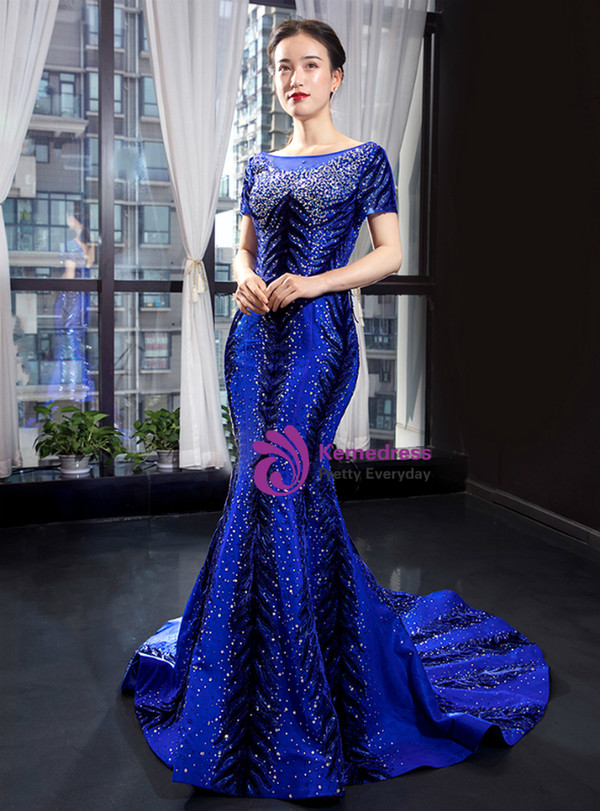 Dramatic Blue Mermaid Velvet Backless Cap Sleeve Prom Dress With Removable Train