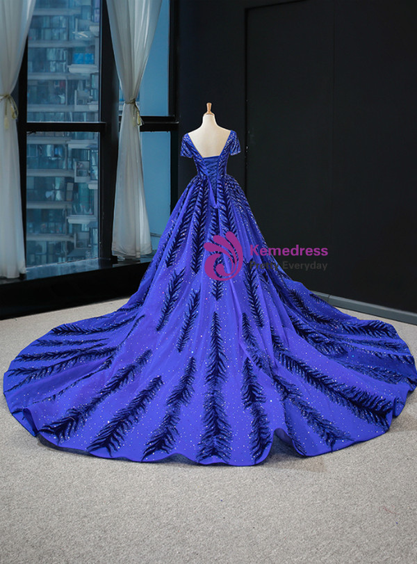 Dramatic Blue Mermaid Velvet Backless Cap Sleeve Prom Dress With Removable Train