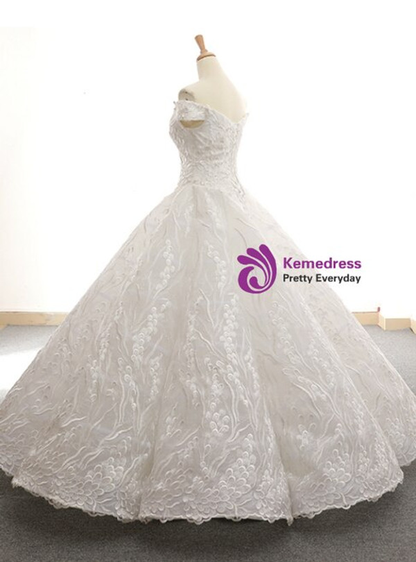 High quality White Ball Gown Tulle Lace Appliques Off the Shoulder Long Prom Dress