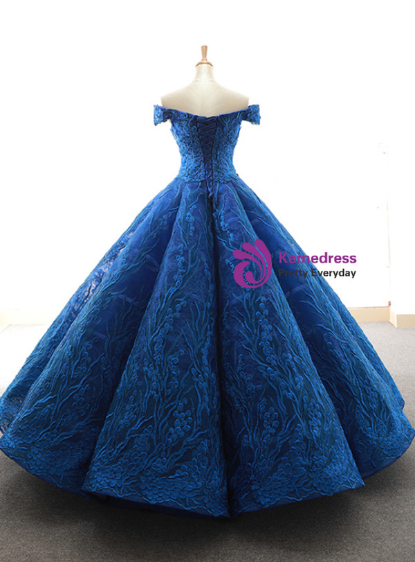 Noble Royal Blue Ball Gown Off the Shoulder Tulle Lace Appliques Prom Dress
