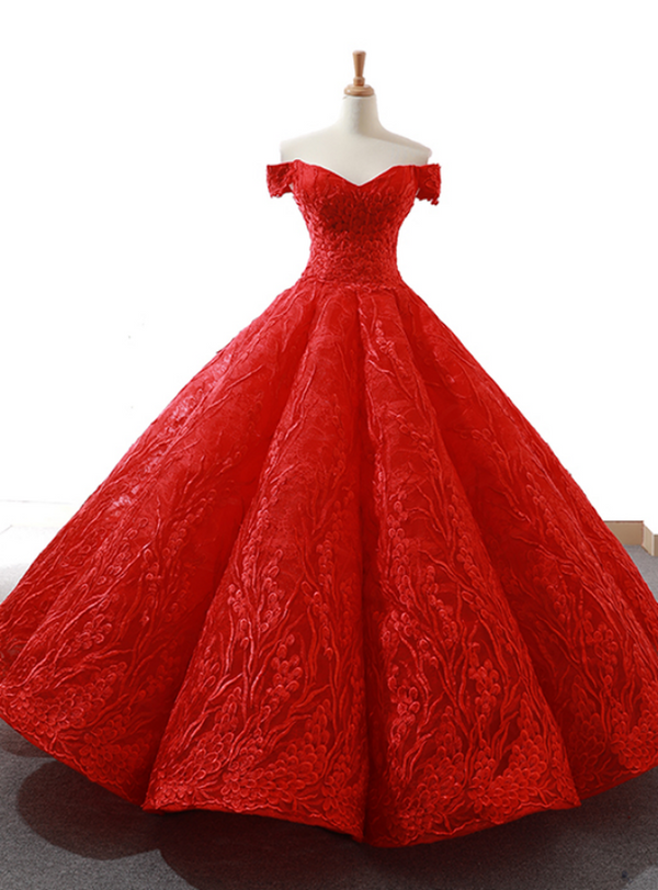 Popular Red Ball Gown Tulle Lace Appliques Off the Shoulder Floor Length Prom Dress