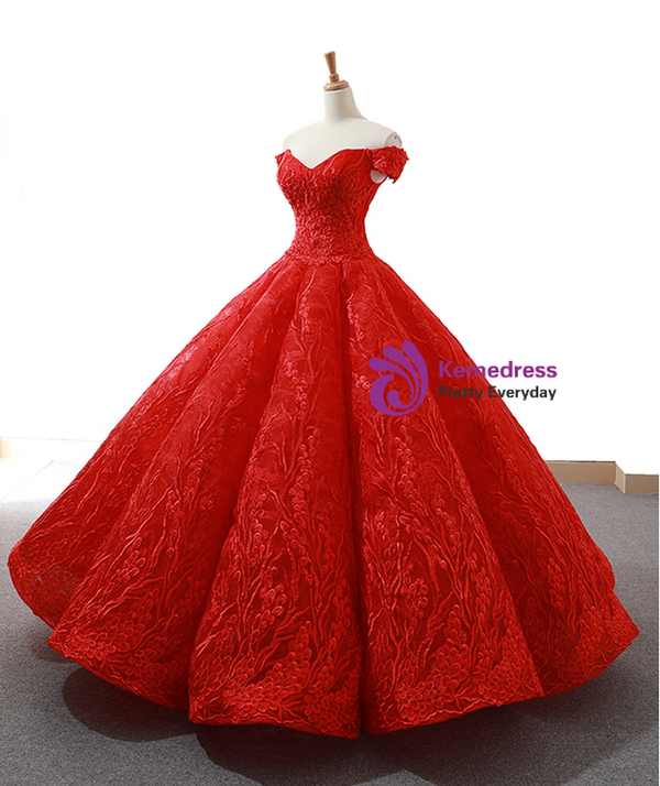 Popular Red Ball Gown Tulle Lace Appliques Off the Shoulder Floor Length Prom Dress
