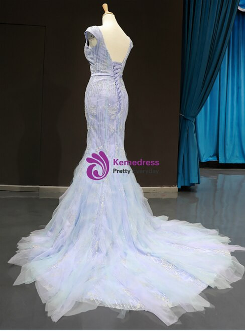 Sexy Blue Tulle Mermaid Deep V-neck Backless Cap Sleeve Prom Dress With Beading