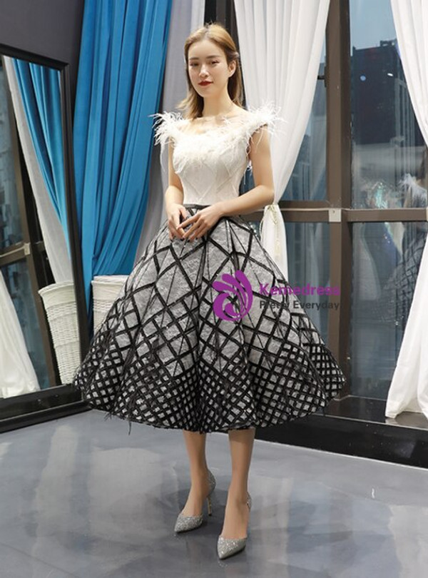 A-Line Black White Ball Gown Lace Sequins Tea Length Prom Dress