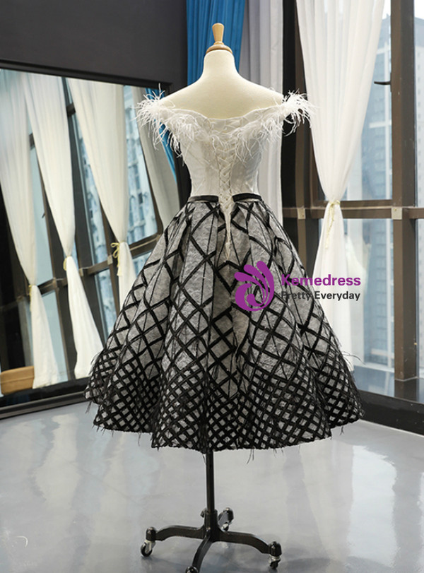 A-Line Black White Ball Gown Lace Sequins Tea Length Prom Dress