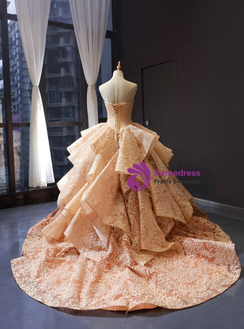 Champagne Ball Gown Sweetheart Sleeveless Appliques Lace Luxury Prom Dress