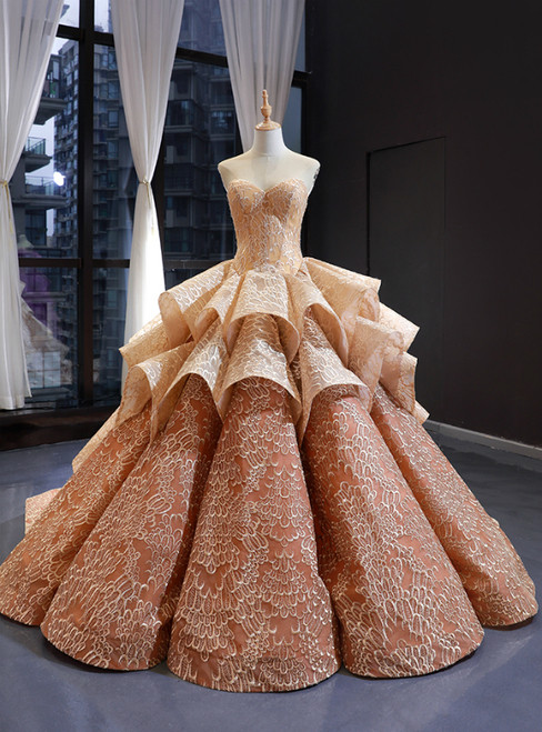 Champagne Ball Gown Sweetheart Sleeveless Appliques Lace Luxury Prom Dress