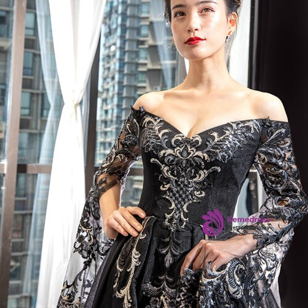 Charming Black Tulle Off the Shoulder Long Sleeve Prom Dress With Appliques