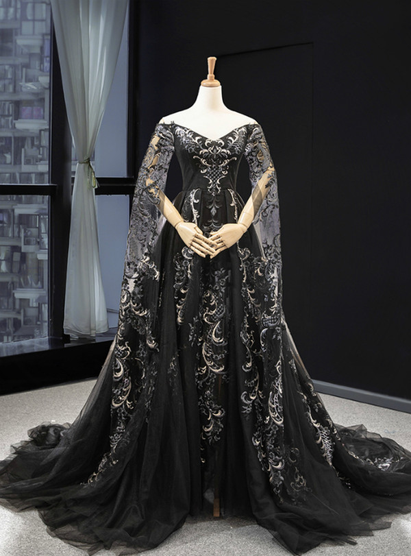 Charming Black Tulle Off the Shoulder Long Sleeve Prom Dress With Appliques