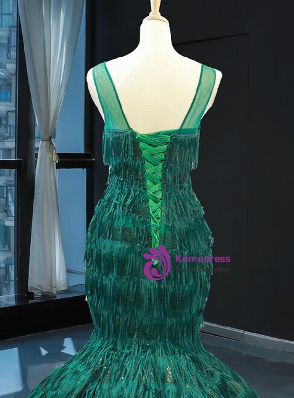 Sexy Green Mermaid Bateau Sequins Tassel Backless Prom Dress With Long Train