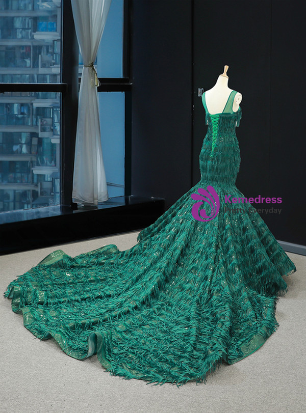 Sexy Green Mermaid Bateau Sequins Tassel Backless Prom Dress With Long Train