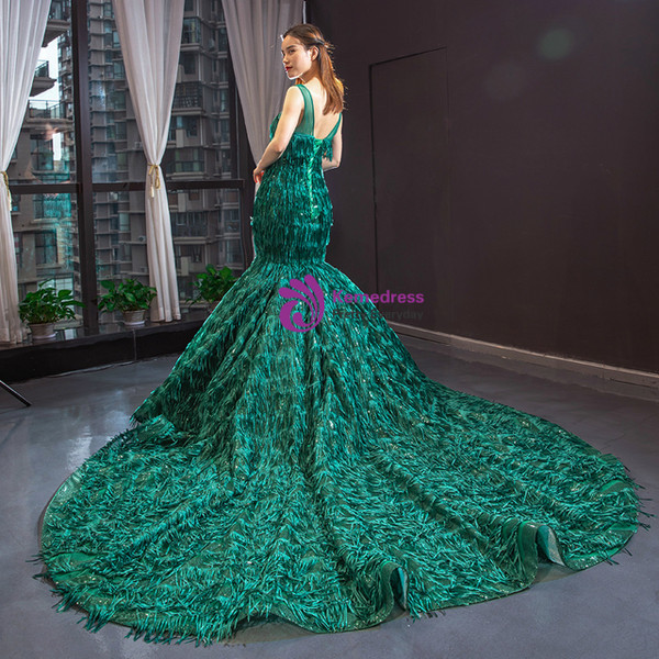 Sexy Green Mermaid Bateau Sequins Tassel Backless Prom Dress With Long Train