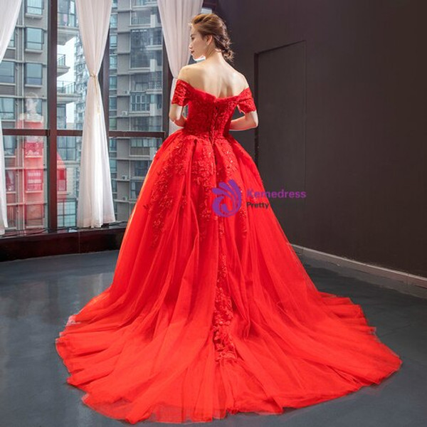 Impressive Red Ball Gown Tulle Appliques Off the Shoulder Beading Prom Dress