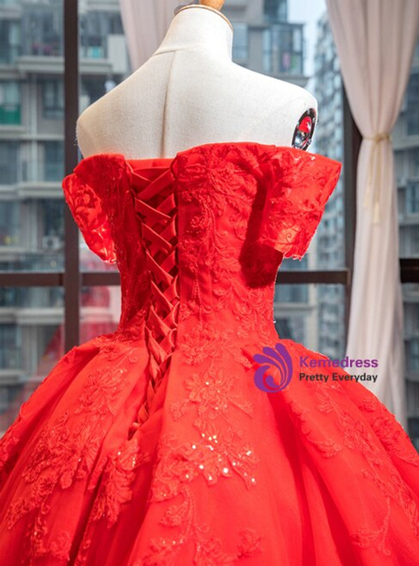 Impressive Red Ball Gown Tulle Appliques Off the Shoulder Beading Prom Dress