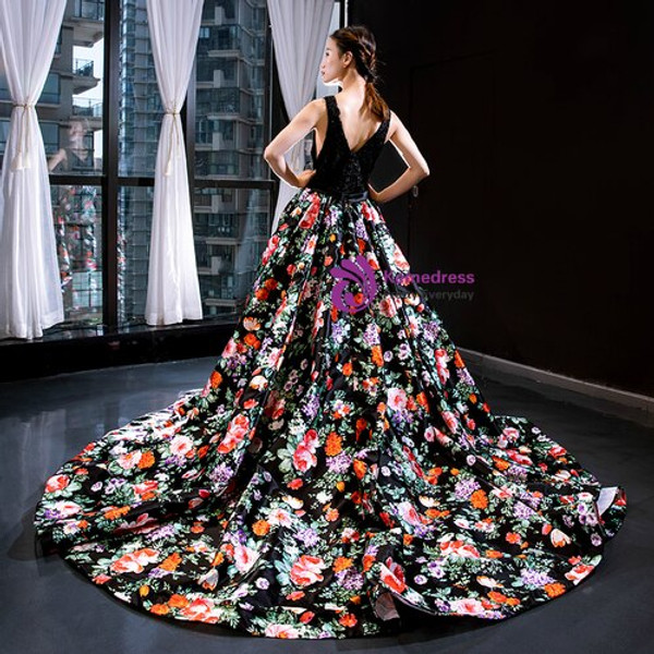 Impressive Black Ball Gown Satin Lace Print V-neck Prom Dress With Beading