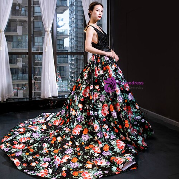 Impressive Black Ball Gown Satin Lace Print V-neck Prom Dress With Beading