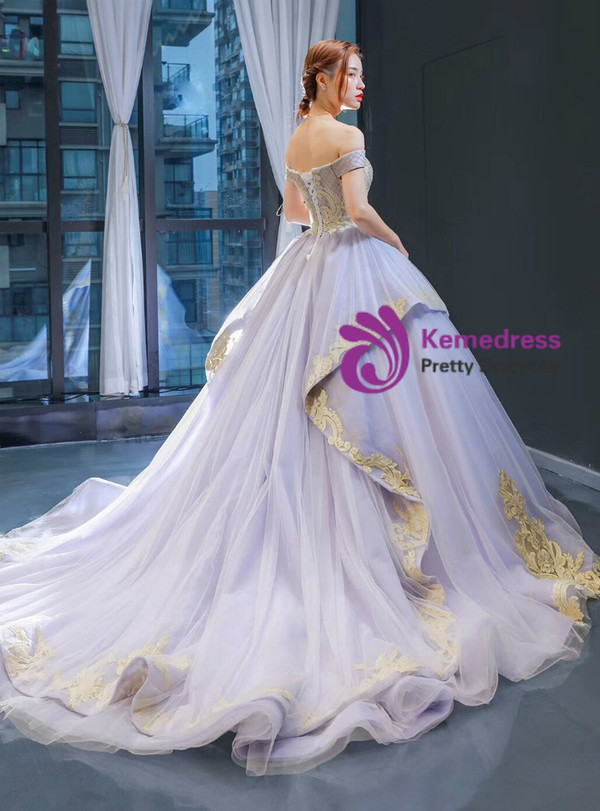 Flattering Light Purple Tulle Appliques Off the Shoulder Haute Couture Prom Dress