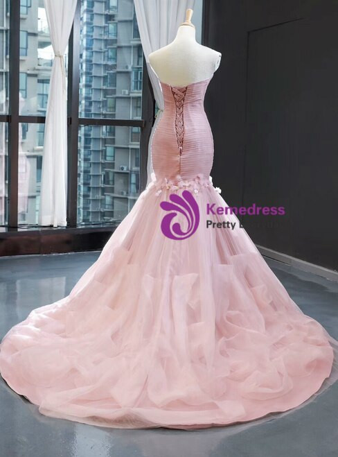 Sexy Pink Mermaid Tulle Sweetheart Sleeveless Pleats Appliques Prom Dress